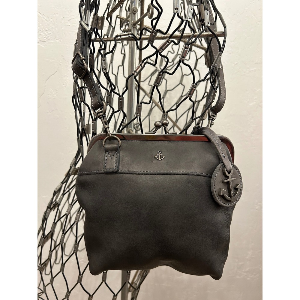 Harbour 2nd Gray Leather Kiss Lock Crossbody Bag Anchor Logo Clutch